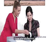 Lesbian female agents licking in office