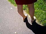 red skirt,yellow sandals