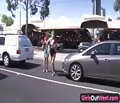 Horny lesbians fuck in public