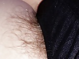  hairy pubes hanging from her sexy black silk pantys