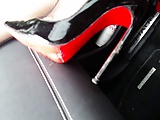 lick my heels clean! slut in the car leather&louboutin heels