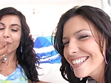 two sexy girls suck cock, get facialed an play with th cum