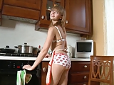 Sexy teen Aina rides huge dildo in the kitchen