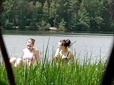 girl sunbathing on the pond