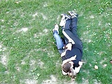 Young couple having sex in public park