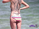 Large Tattoo on back of Skinny German MILF getting angry