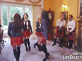 Kinky schoolgirls wearing Scottish skirt and fucking for bet