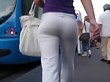 Candid Teen in white yoga pants enters the Tram