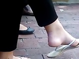 Candid Brunette Feet Shoeplay Dangling Flip Flops Outside