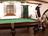 Randy blonde gets doggy style fuck on a pool table