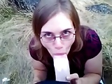 Nerdy Chick Sucks A Big White Dick In The Great Outdoors