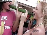 Brunette lesbian gets her pussy dildo fucked well.