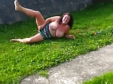 fat chav slag topless in garden