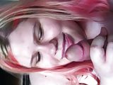 Chubby slut smiles as she sucks cum from cock