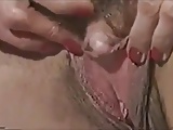 Blonde hairy MILF jerking off her BIG CLIT