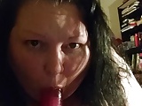 Amateur BBW deepthroats a dildo and gags