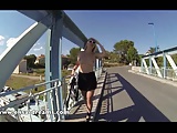 Flashing my huge tits in public on a bridge