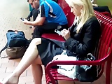 Candid blonde Shoeplay Dangling Feet at Station