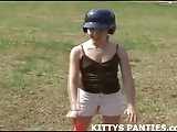 Kitty flashing her panties hunting for Easter eggs