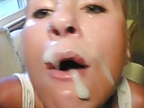 Blonde takes massive facial, followed by gooey cum play