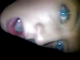 Blue eyes showing and swallowing cum