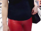 red latex leggins in store