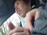 homemade, older chinese lady wanks cock in car