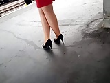 Red Dress Tan Nylons Black Heels